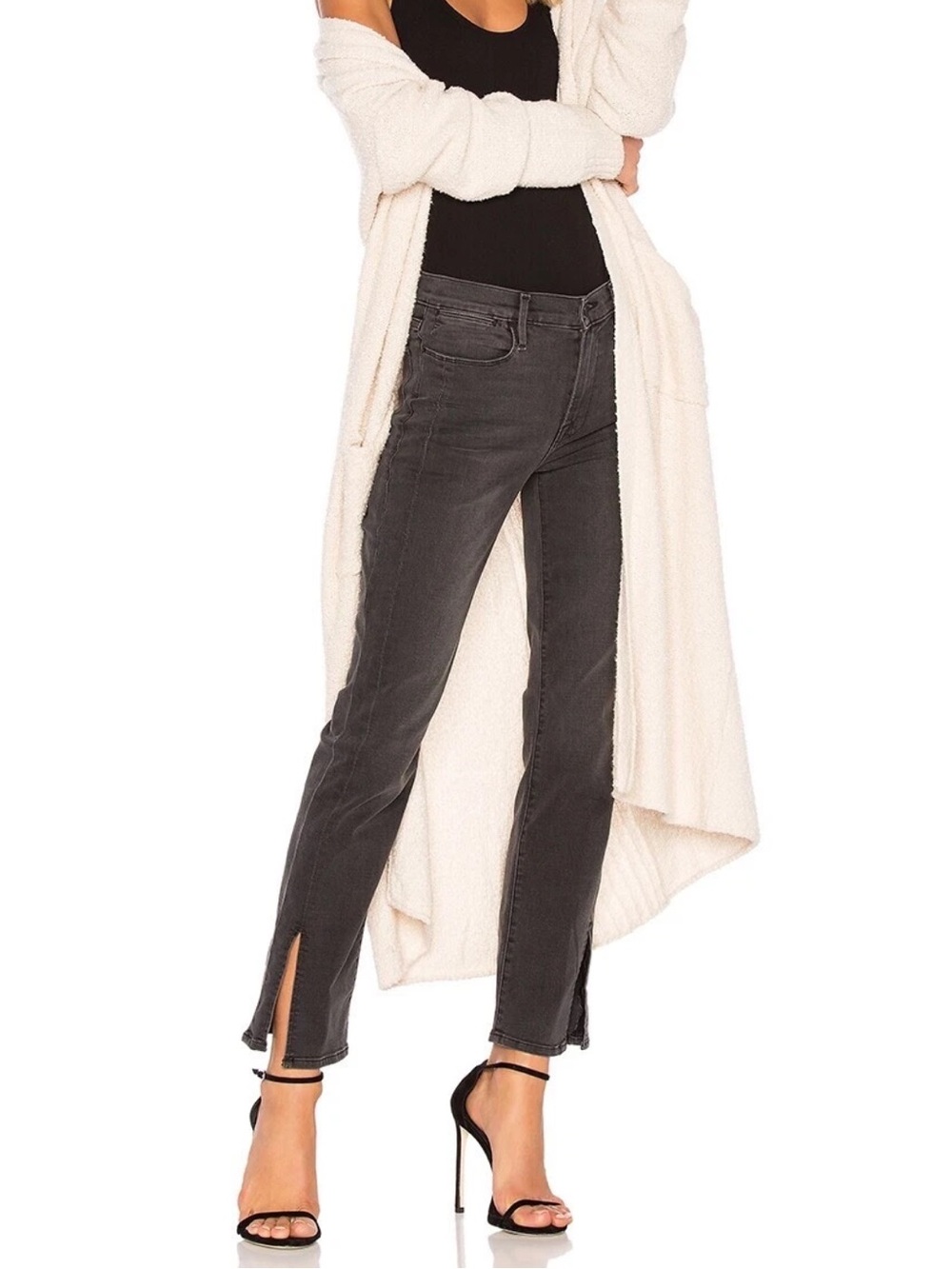 FRAME Le High Straight Split Seam Jeans Gray Muddy River 27 Ankle Slit Denim